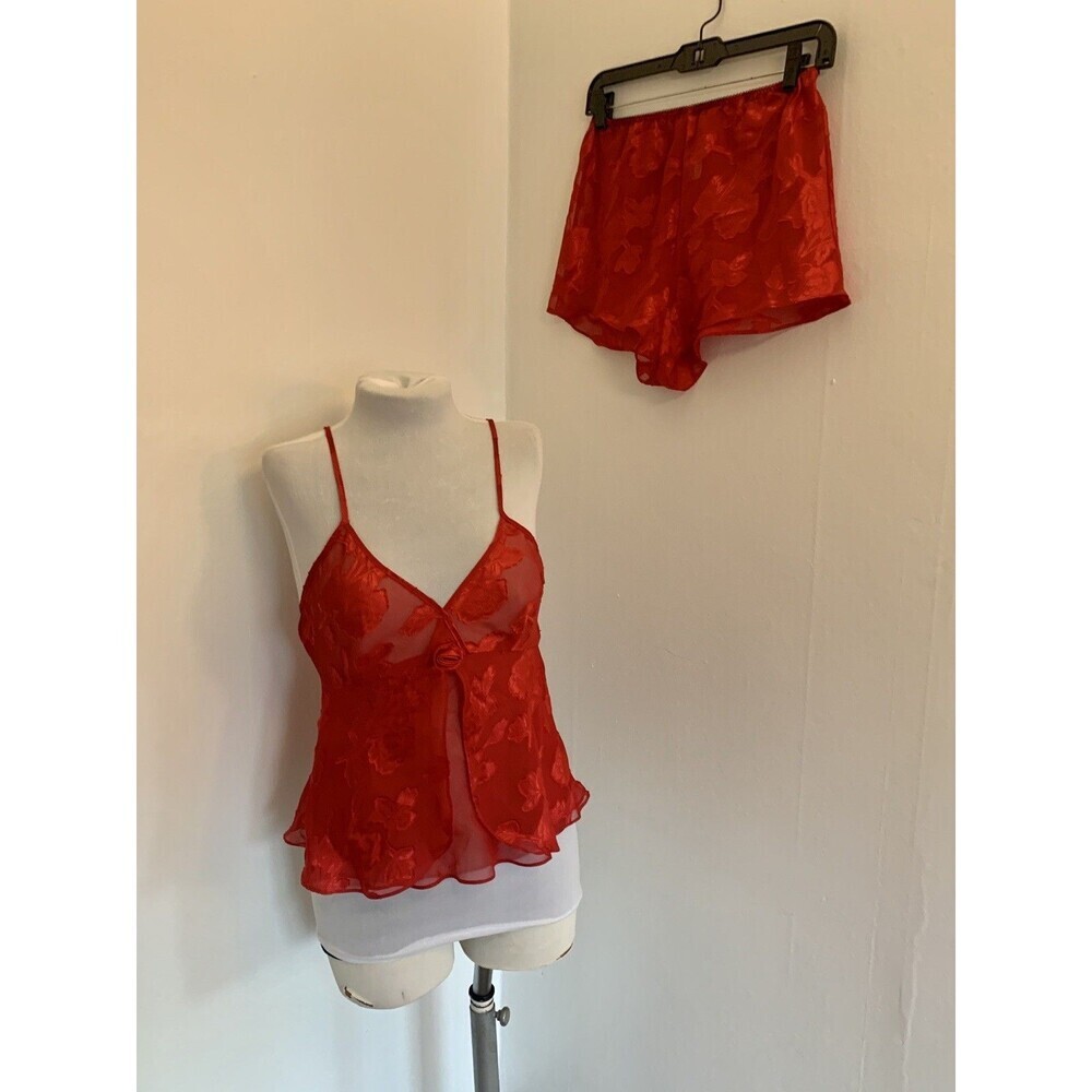 VTG 80s 90s INNER MOST 2 PC Lingerie Set Cami Shorts Sheer Rose Red Teddy Small